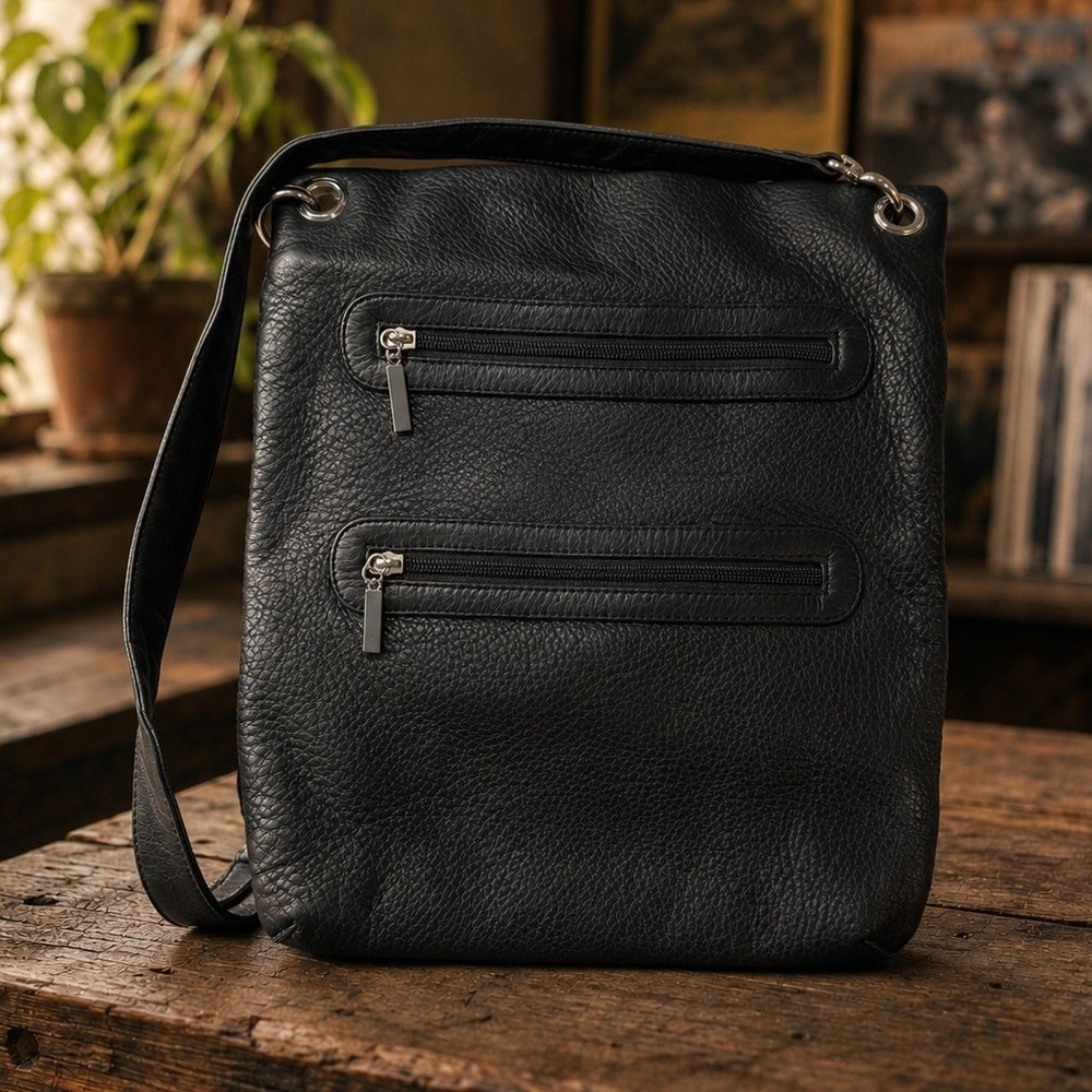 Margot Black Genuine Leather Crossbody Bag Double Zip Utility Minimalist Pocket